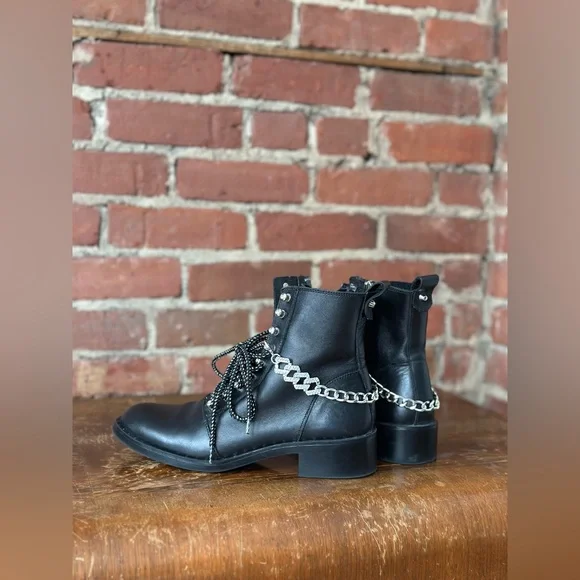 Zara Black Leather Combat Lace-Up Boots 7.5 - Picture 4 of 17